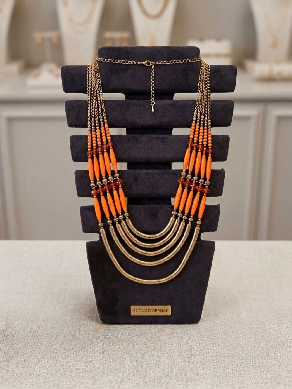 Orange Beaded Multi-Strand Statement Necklace